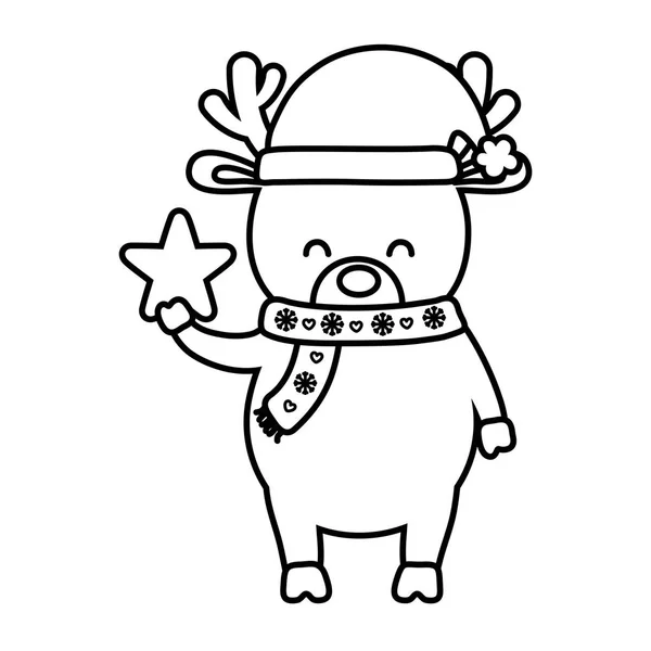 驯鹿与围巾和帽子明星装饰快乐圣诞线条风格 — 图库矢量图片
