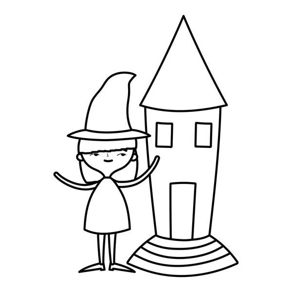 Happy halloween celebration girl with hat witch and castle line style — Stock Vector