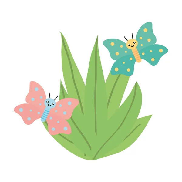 Huerto de plantas de hojas con caracteres kawaii mariposas — Archivo Imágenes Vectoriales