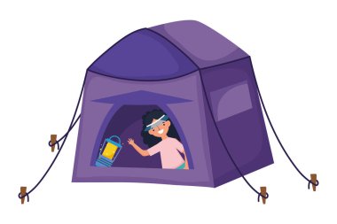 Çadır ve kadın çizgi film vektör tasarımı