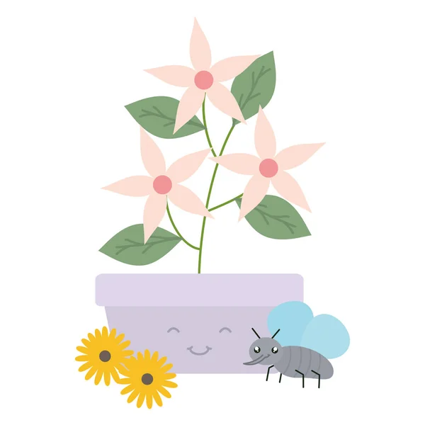 Garden flowers plant in pot with insects flying kawaii style — ストックベクタ