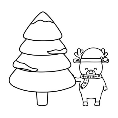 reindeer with hat and tree snow decoration merry christmas line style
