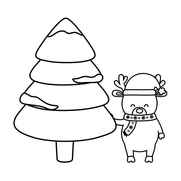 Олені з капелюхом і деревом снігові прикраси веселий різдвяний стиль лінії — стоковий вектор