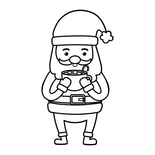 Santa holding chocolate cup decoration merry christmas line style — Image vectorielle