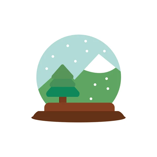 Snowglobe tree mountain snow decoration happy christmas icon — Vector de stock