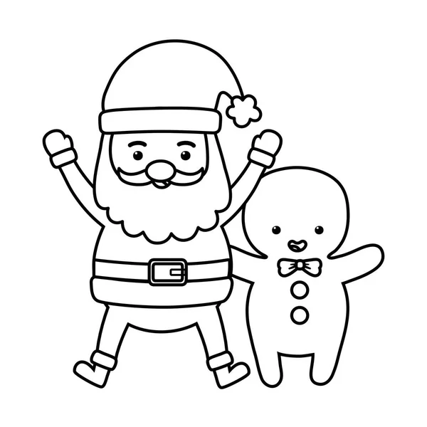 Santa and gingerbread man decoration merry christmas line style — Stockový vektor