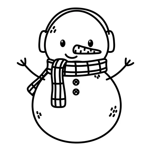 Snowman with scarf earmuffs celebration merry christmas thick line — Stock Vector