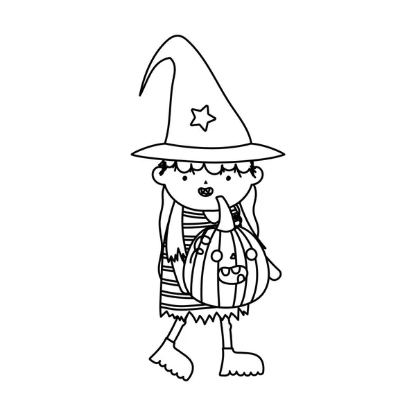Girl witch costume with pumpkin trick or treat happy halloweenline design — Stok Vektör