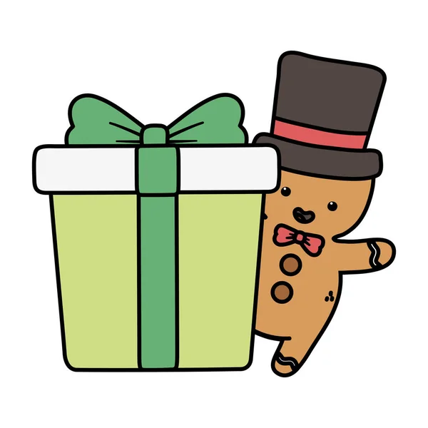 Gingerbread man with hat and gift decoration merry christmas — стоковый вектор