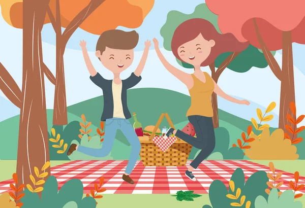 Smiling woman and man picnic nature landscape — Vetor de Stock