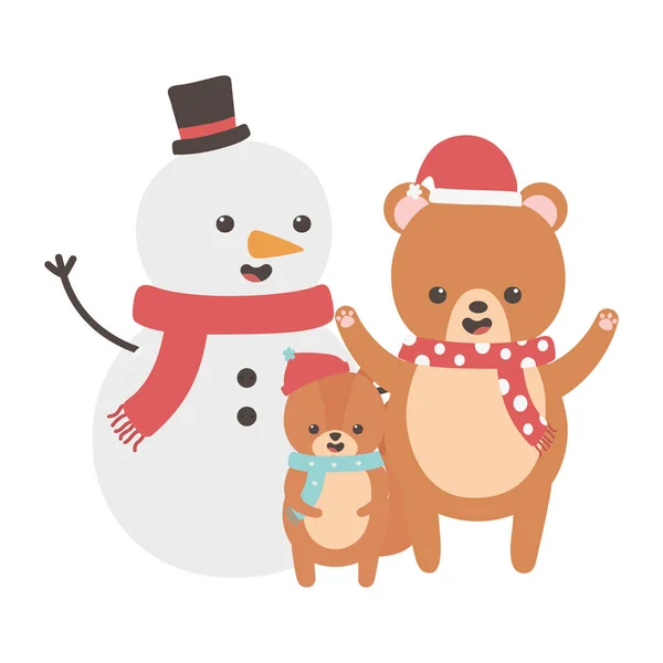 Cute snowman bear squirrel with hats merry christmas — стоковый вектор