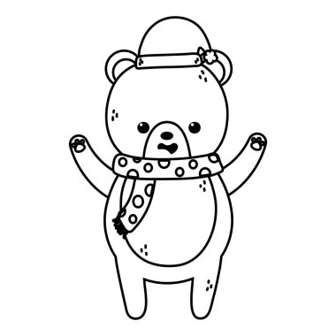 cute bear with hat and scarf merry christmas thick line