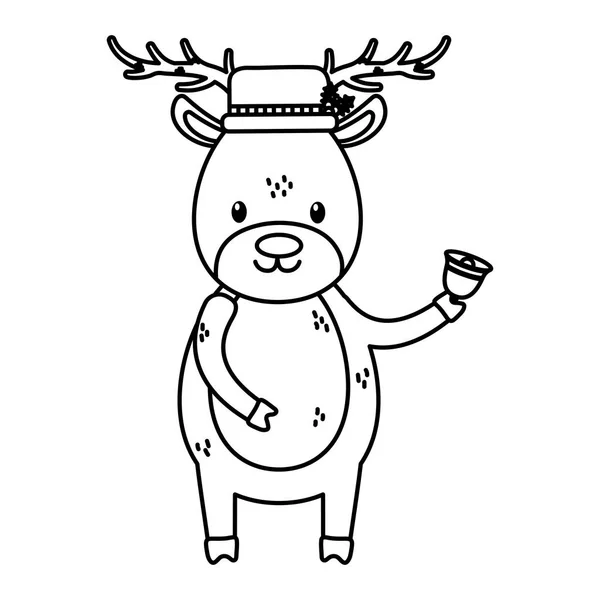 Reindeer with hat and bell celebration merry christmas thick line — Stock Vector