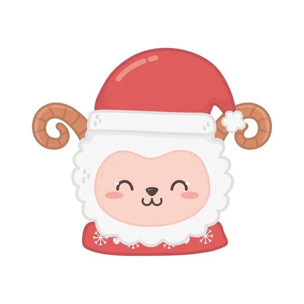 Cute sheep head with hat animal merry christmas — стоковый вектор