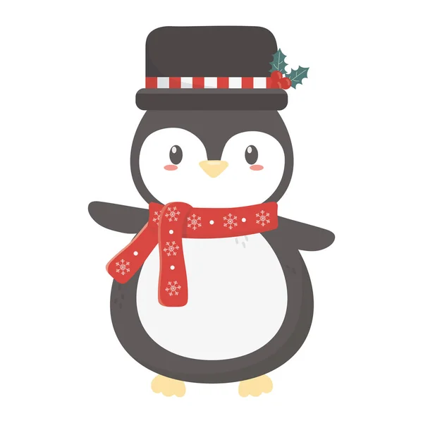 Cute penguin with hat and scarf celebration merry christmas — стоковый вектор