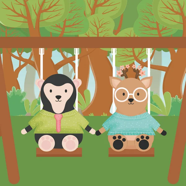 Deer and sloth bear playing on the swing forest fantasy fairy tale — Stock vektor