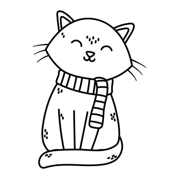 Cute cat with scarf celebration merry christmas thick line — Stock Vector