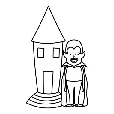 Cadılar Bayramı 'nız kutlu olsun pelerin ve kale tarzı giyinmiş Dracula çocuk.