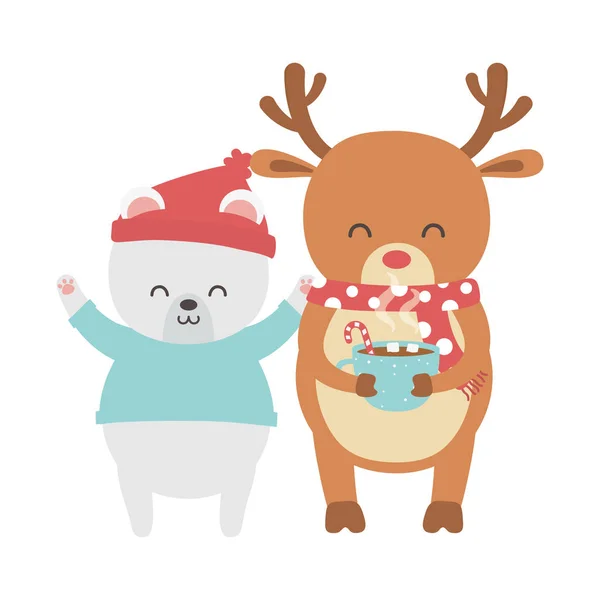 Милий білий ведмідь з капелюхом і олені з подарунком веселого Різдва — стоковий вектор