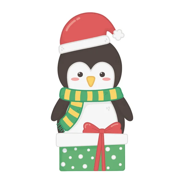 Penguin with hat and gift box decoration merry christmas — Stock Vector