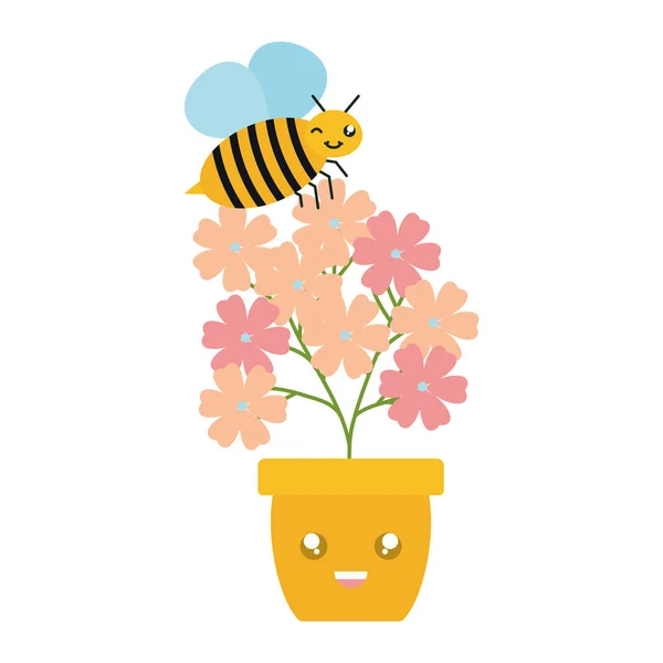 Garden flowers plant in pot with bee flying kawaii style — ストックベクタ