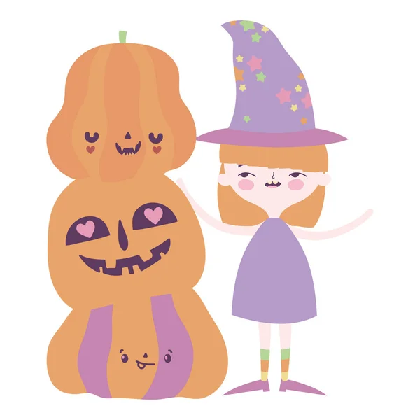 Happy halloween celebration girl witch and pile pumpkins — ストックベクタ