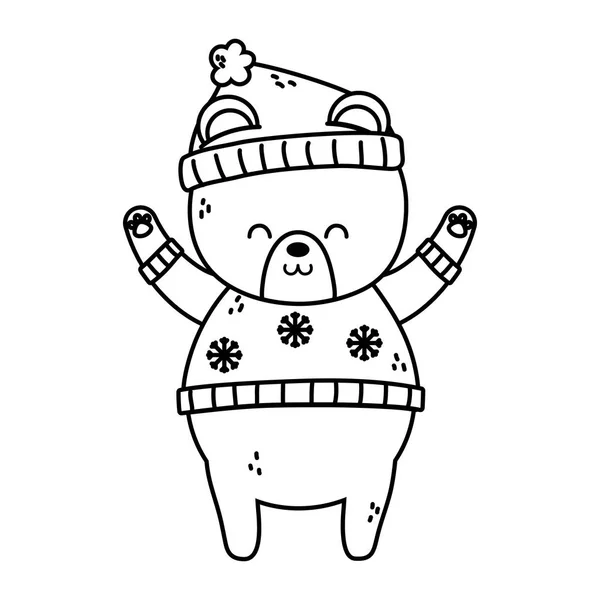 Niedźwiedź polarny z kapeluszem ręce do góry Wesołych Świąt gruba linia — Wektor stockowy