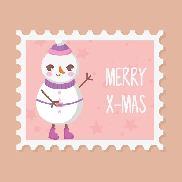 Snowman with hat decoration merry christmas stamp — Stockvektor