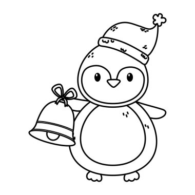 cute penguin with hat and bell celebration merry christmas thick line