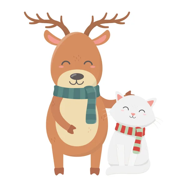 Reindeer and cat with scarf celebration merry christmas — Stock vektor