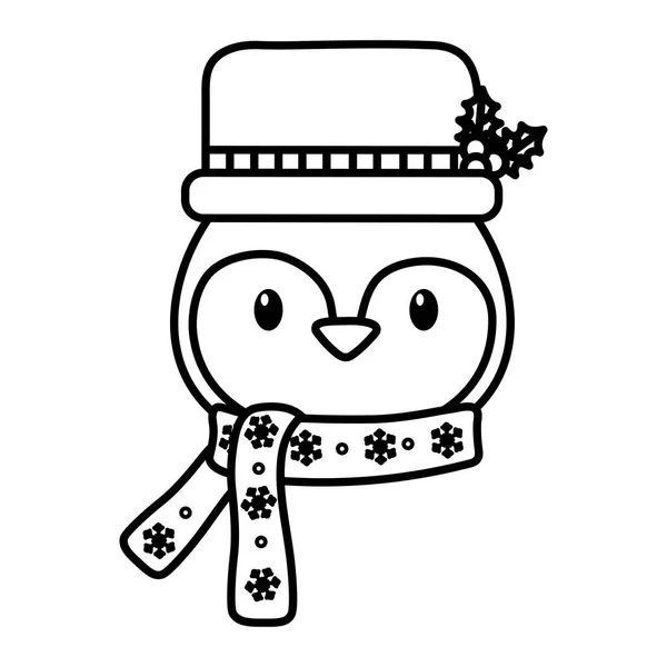 Cute penguin head with hat and scarf celebration merry christmas thick line — стоковый вектор