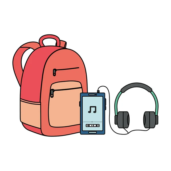 Smartphone con auriculares de música y bolso de escuela. — Vector de stock