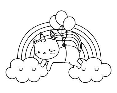 Tek boynuzlu at kedi çizgi film vektör tasarımı