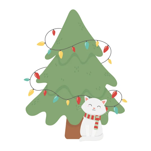 White cat and tree lights celebration merry christmas — Vettoriale Stock