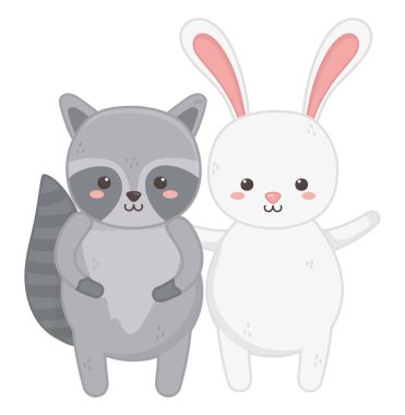 cute rabbit and raccoon waving hand