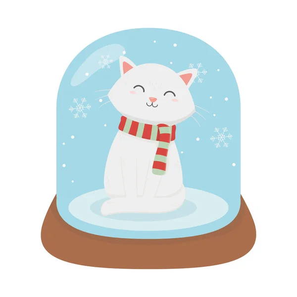 White cat in crystal ball snow celebration merry christmas — 스톡 벡터