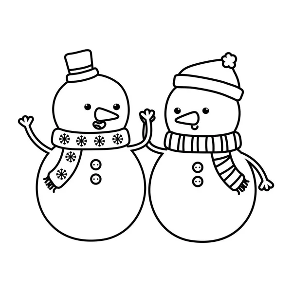 Sneeuwpoppen met hoeden houden handen decoratie vrolijk kerstmis lijn stijl — Stockvector