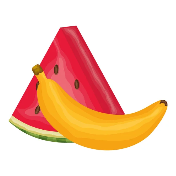Fresh watermelon and banana fruits — Vetor de Stock