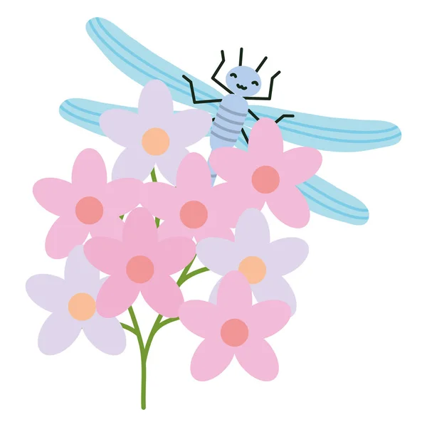 Flowers garden with little dragon fly kawaii character — ストックベクタ