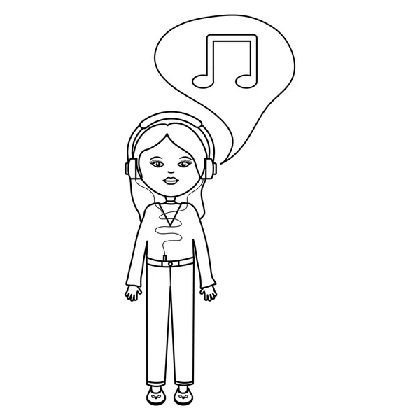 Mujer linda con auriculares escuchando música y burbujas de habla — Vector de stock