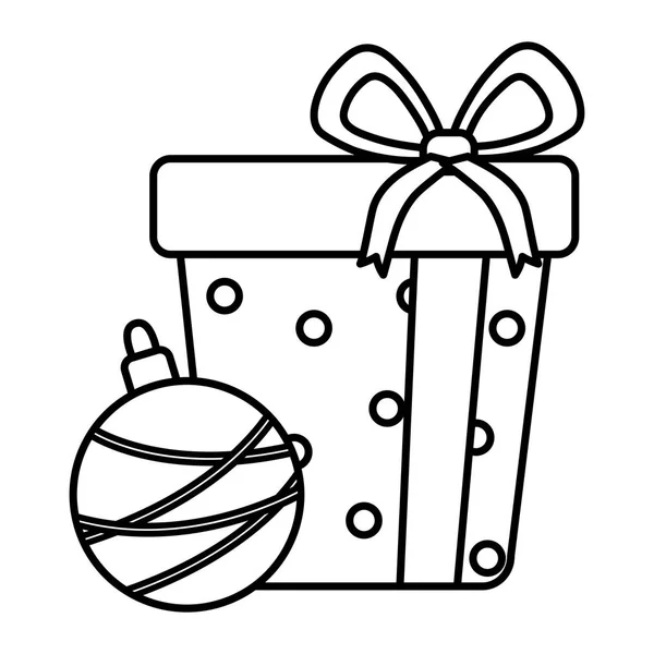 Geschenkbox und Ball mit Streifen Feier frohe Weihnachten dicke Linie — Stockvektor