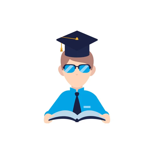 Leraar man met hoed afstuderen en boek platte stijl — Stockvector