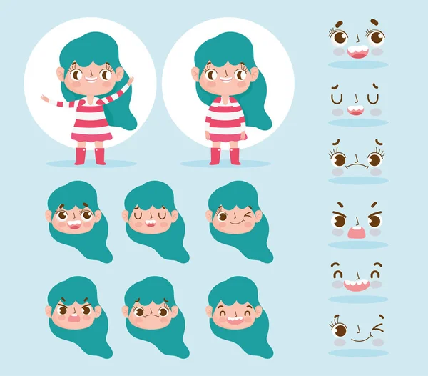 Animazione personaggio cartoni animati bambina con capelli verdi e volti diversi gesto — Vettoriale Stock