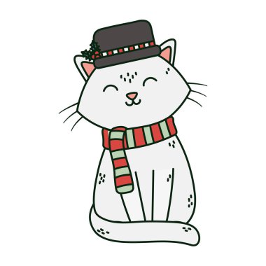 Şapkalı beyaz kedi ve atkı kutlaması Mutlu Noeller