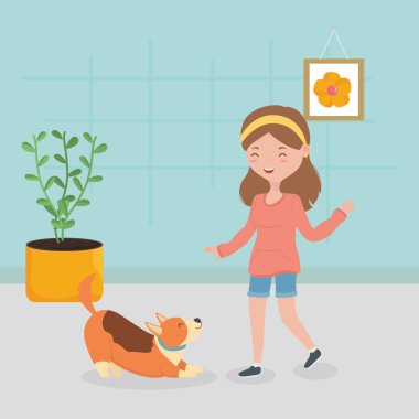 Kız ve köpek evcil hayvan bakımında oynuyorlar.