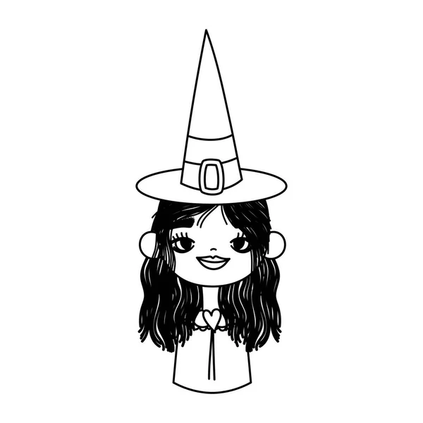 Happy halloween celebration girl with hat witch costume thick line — стоковый вектор
