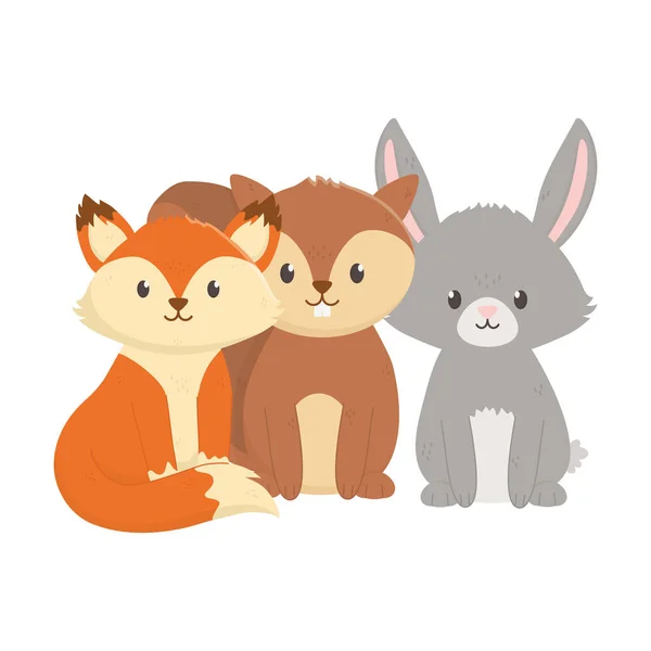 Niedliche Fuchs Eichhörnchen und Kaninchen sitzende Tiere auf weißem Hintergrund — Stockvektor