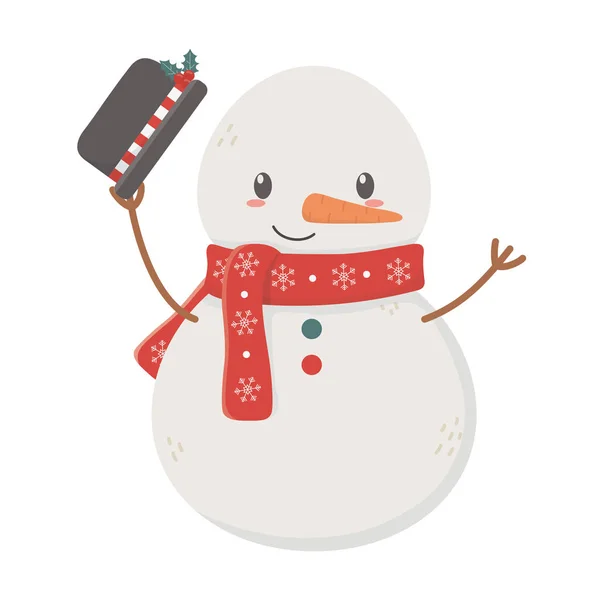 Boneco de neve acenando chapéu celebração alegre natal —  Vetores de Stock