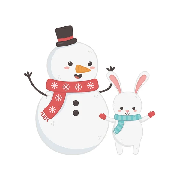 Niedlicher Schneemann und Hase mit Schal und Mütze frohe Weihnachten — Stockvektor