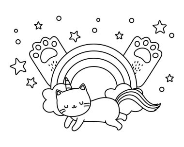 Tek boynuzlu at kedi çizgi film vektör tasarımı